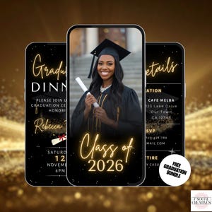 Digital Graduation Dinner Invitation with Photo. Class of 2026 Party Invite. Black and Gold College or High School Grad eVite. DIY Editable.