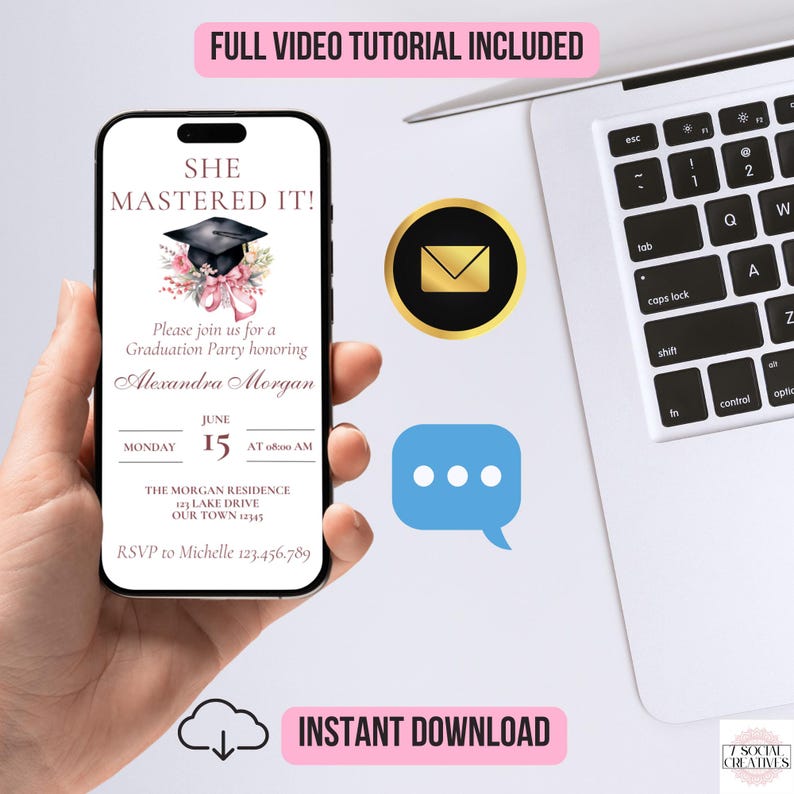 May include: A digital graduation party invitation with a pink and white floral design and a black graduation cap. The text reads "She Mastered It!" and includes the name "Alexandra Morgan" and the date "June 15".