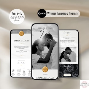 Pode incluir: Um modelo de convite de casamento digital para Canva com três telas de celular exibindo fotos em preto e branco de um casal, detalhes circulares dourados e texto incluindo "Before We Say I Do", "Emma & Lucas" e "Our Story" com formulário RSVP.