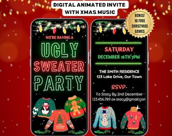 Ugly Sweater Party Invitation. Digital Animated Christmas Party Invite With Xmas Music. DIY Editable Template.