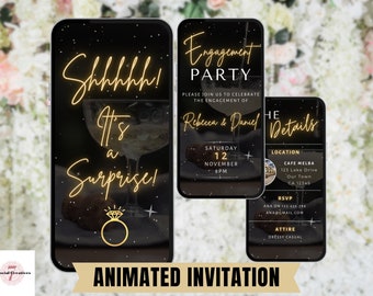 Überraschungs-Verlobungsfeier-Einladung in Schwarz und Gold. Digital Animierte Hochzeit Verlobung Einladungskarte. DIY bearbeitbare Vorlage. Per Telefon senden.