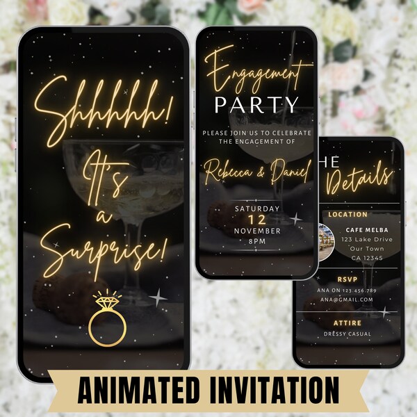 Surprise Engagement Party Invitation in Black and Gold.  Digital Animated Wedding Engagement Invite.  DIY Editable Template. Send by Phone.