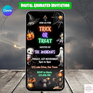 May include: A digital invitation for a Halloween party with a black background and colorful neon text that says "Join us for Trick or Treat". The invitation includes images of a witch's hat, a pumpkin, a spider, a zombie, a ghost, a mummy, a cauldron, a bat, and a scarecrow. The text also includes the date, time, and location of the party.