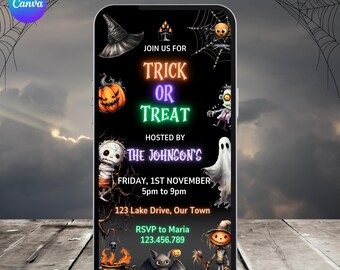 Süßes oder Saures Einladung. Digitale Kinder Halloween Party einladen. Niedliche Spaß lebhafte eVite. Kiezfest. DIY bearbeitbare Vorlage.