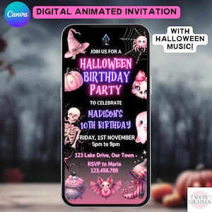 The image is a digital animated invitation for a Halloween birthday party. It features various Halloween-themed elements such as a witch's hat, a spider, a pumpkin, and a skeleton. The invitation invites guests to join for a Halloween birthday party to celebrate Madison's 10th birthday. The event is scheduled for Friday, 1st November, from 5pm to 9pm, and will be held at 123 Lakes Drive, Our Town. RSVP to Maria at 123.456.789.