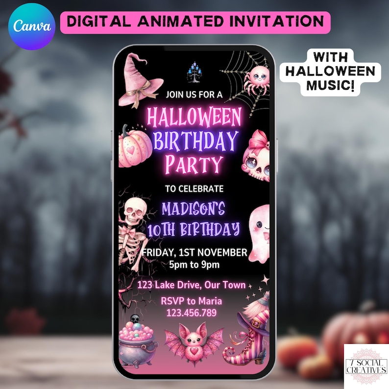 The image is a digital animated invitation for a Halloween birthday party. It features various Halloween-themed elements such as a witch's hat, a spider, a pumpkin, and a skeleton. The invitation invites guests to join for a Halloween birthday party to celebrate Madison's 10th birthday. The event is scheduled for Friday, 1st November, from 5pm to 9pm, and will be held at 123 Lakes Drive, Our Town. RSVP to Maria at 123.456.789.