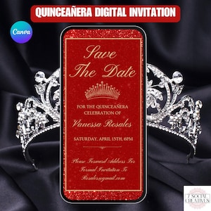 Red Quinceañera Save The Date Invitation. Digital Scarlet Mis Quince Años Invite. Elegant with Sparkles. 15th Birthday Party. DIY Template.