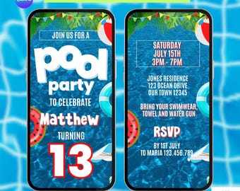 Boys 13th Birthday Pool Party Invitation in Blue. Digital Summer Tween Teen Invite. DIY Editable Template eVite. Edit Text. Send by Phone.