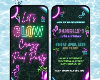 Digital Glow Pool Party Invitation. Neon Glow In the Dark Birthday Invite.  Teen, Teenage, Girl, Boys, Summer eVite.  DIY Editable Template.