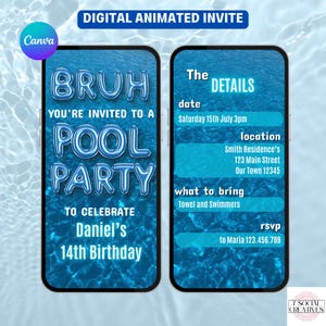 Invitación a fiesta en la piscina. Invitación digital de cumpleaños de verano para chicos. Plantilla editable DIY con temática azul. Edita texto, añade música y envía por teléfono.