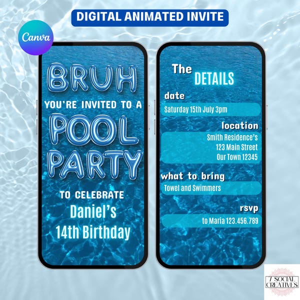 Bruh Pool Party Invitation. Digital Boys Birthday Summer Invite. Blue Theme DIY Editable Template eVite. Edit Text, Add Music, Send by Phone