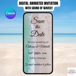 Faire gagner une date pour mariage sur la plage.  Invitation de destination tropicale animée numérique avec bruit de vagues. Modèle modifiable DIY eVite.
