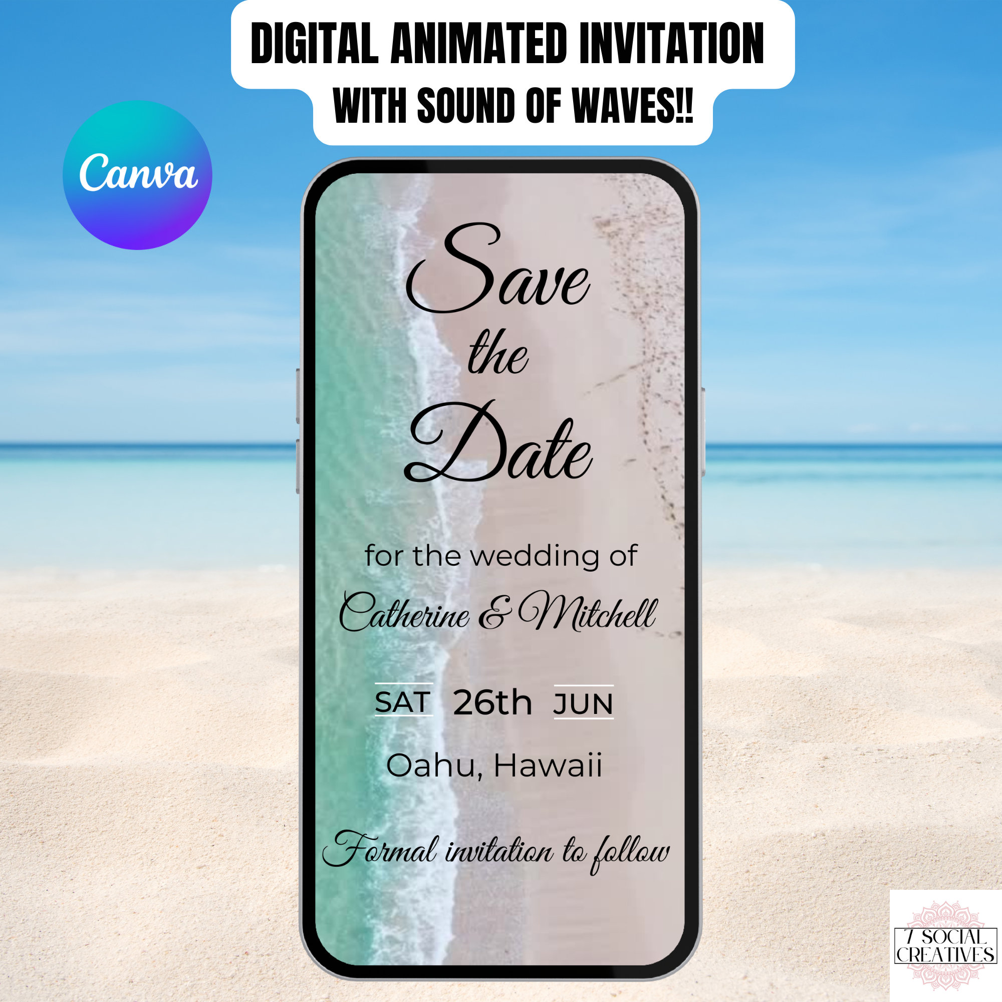 Beach Wedding Save The Date Invitation.  Digital Animated Tropical Destination Invite with Sound Of Waves. DIY Editable Template eVite.