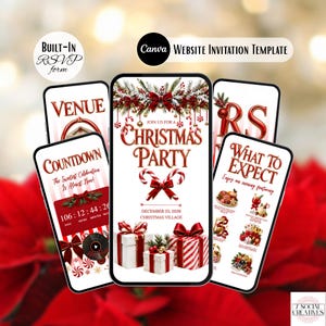 May include: A digital Christmas party invitation template for Canva featuring a festive design with red and white gift boxes, candy canes, and holiday greenery. The mobile screens display sections for venue, countdown, and event details with red text.
