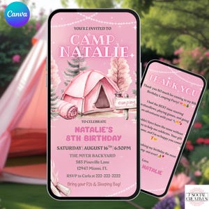 Mädchen Camping Geburtstagseinladung mit Dankeschön. Digital animierte rosa Hinterhof-Camp-Party einladen. Glampen jeden Alters eVite. DIY-Vorlage.