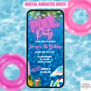 Pool Party Geburtstagseinladung Video. Neon Pink Teenager oder Kinder Mädchen Tropischer Sommer einladen.  DIY bearbeitbare Canva Vorlage. Per Telefon senden.