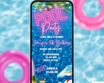 Pool Party Birthday Invitation Video. Neon Pink Teen or Kids Girls Tropical Summer Invite.  DIY Editable Canva Template. Send by Phone.