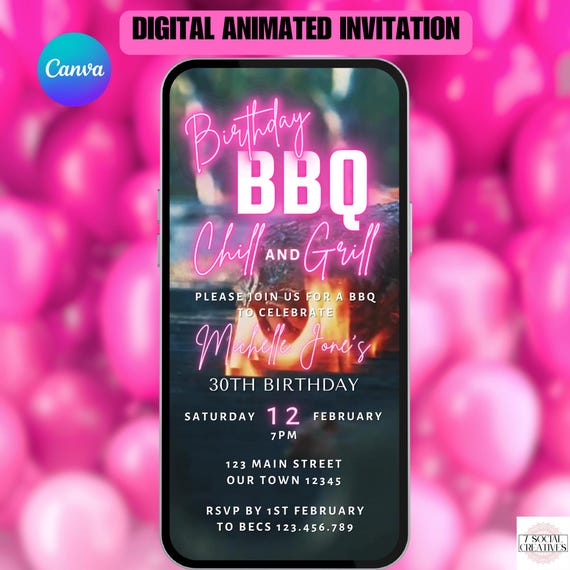 Digital Birthday BBQ Chill and Grill Invitation. Animated Barbeque Party Invite in Neon Pink. Ladies Rustic eVite. DIY Editable Template.