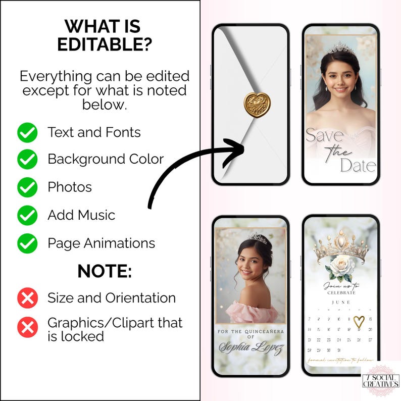 May include: A digital design template for a quincea&ntilde;era invitation. The design includes a white envelope with a gold seal, and sample invitation layouts on smartphones. Text includes "Save the Date", "Join us to Celebrate", and "For the Quincea&ntilde;era of Sophia Lopez".