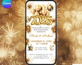 Invitación para la fiesta de Año Nuevo 2026. Invitación digital animada en blanco y dorado para la víspera de Año Nuevo. Plantilla de invitación electrónica para cóctel con amigos y familiares.