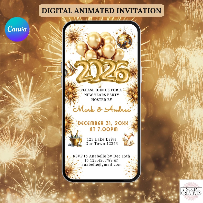 New Year's Party 2026 Invitation. Digital Animated White and Gold New Years Eve Invite. Friends and Family Cocktail Party eVite Template. image 1