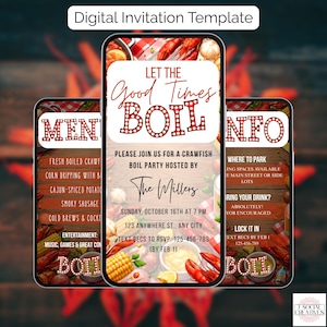 Könnte beinhalten: Digitale Einladungsvorlage für eine Krebs-Boil-Party. Das Design zeigt drei Smartphones, die die Einladung mit dem Text "Let the Good Times Boil" anzeigen. Die Einladung enthält Details zur Veranstaltung, wie Datum, Uhrzeit und Ort.