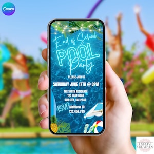 Invitación digital azul para fiesta de fin de curso en la piscina. Diseño tropical editable para adolescentes y niños.