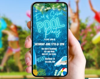 Invitación digital azul para fiesta de fin de curso en la piscina. Diseño tropical editable para adolescentes y niños.