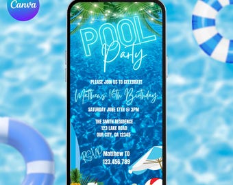 Blue Pool Party Birthday Invitation Video. Neon Beach Theme Tropical Summer Invite For Teens, Kids, Adults. DIY Canva Editable Template.