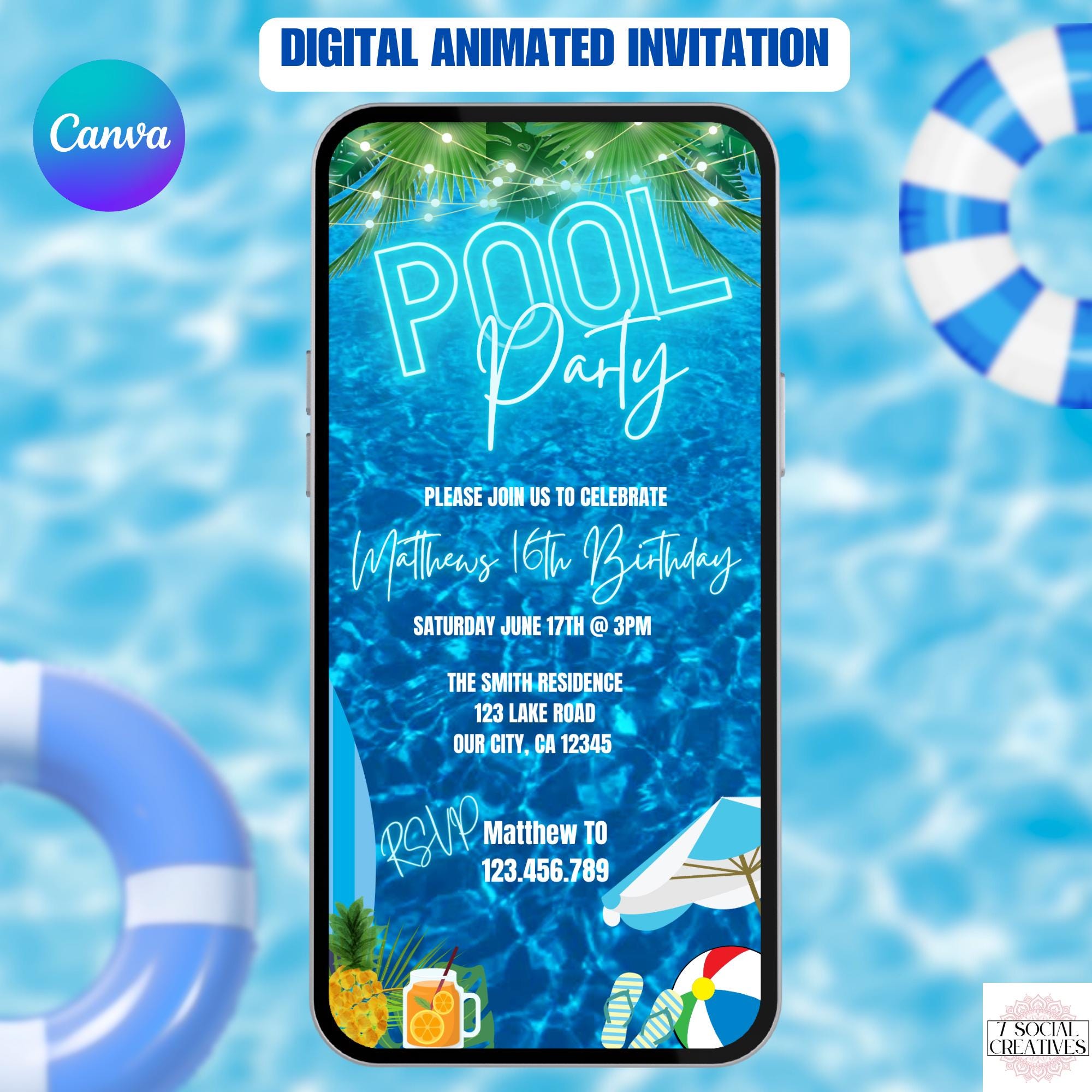 Blue Pool Party Birthday Invitation Video. Neon Beach Theme Tropical Summer Invite For Teens, Kids, Adults. DIY Canva Editable Template.
