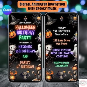 May include: Digital animated Halloween birthday party invitation displayed on a smartphone. The design features Halloween-themed illustrations, such as pumpkins, ghosts, and bats. The invitation includes party details and RSVP information.