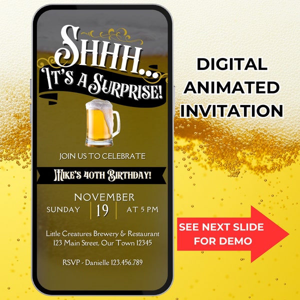Surprise Beer Invitation. Digital Animated Cheers and Beers Mens Invite. DIY Editable Template. Perfect For Him. Easy To Edit. Send by Phone