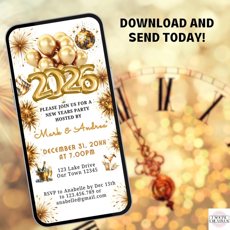 New Year's Party 2026 Invitation. Digital Animated White and Gold New Years Eve Invite. Friends and Family Cocktail Party eVite Template. image 4