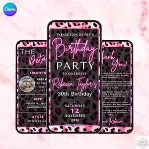 Pink Leopard Birthday Party Invitation. Digital Animated Any Age Girl or Womens Invite. Animal Print Theme Wild eVite. DIY Template