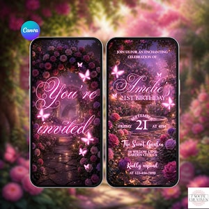 Puede incluir: Dos pantallas de smartphone que muestran una invitación digital con un tema de jardín de rosas rosadas. El texto dice: You're invited, Join us for an enchanting celebration of Amelie's 21st birthday, September 21 at 4PM, The Secret Garden, 18 Willow Lane, Garden City, CA, Kindly respond at 123-456-7890.