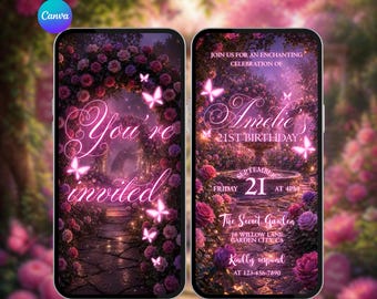 Peut inclure: Deux écrans de smartphone affichant une invitation numérique sur le thème d'un jardin de roses roses. Le texte indique : You're invited, Join us for an enchanting celebration of Amelie's 21st birthday, September 21 at 4PM, The Secret Garden, 18 Willow Lane, Garden City, CA, Kindly respond at 123-456-7890.