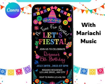 Puede incluir: Una invitación animada digital para una fiesta de cumpleaños número 15 con temática de fiesta. La invitación presenta un sombrero colorido, cactus y maracas. El texto dice "No Time For Siesta! Let's Fiesta!" y "Join us to celebrate Rosanna's 15th Birthday". La fecha y hora de la fiesta son el 28 de julio de 2023 a las 5:00 pm. La ubicación es Rosario Residence, 123 Lake Drive, Any City. La invitación también incluye la información de RSVP: RSVP to Maria 123.456.789. La invitación está decorada con coloridas decoraciones de estilo mexicano.