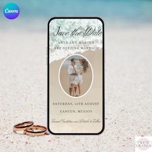 Invitación digital para guardar la fecha de boda en la playa con foto. Invitación animada de boda de destino con sonido de olas. Plantilla editable. imagen 1