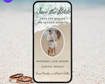 Digital Beach Wedding Save The Date Invite with Photo. Animated Destination Wedding Invitation with Sound of Waves. DIY Editable Template.