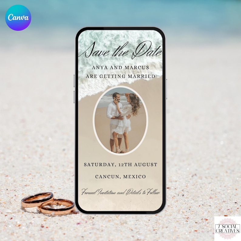Invitación digital para guardar la fecha de boda en la playa con foto. Invitación animada de boda de destino con sonido de olas. Plantilla editable. imagen 1