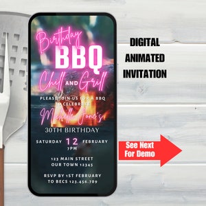 Digital Birthday BBQ Chill and Grill Invitation. Animated Barbeque Party Invite in Neon Pink. Ladies Rustic eVite. DIY Editable Template.