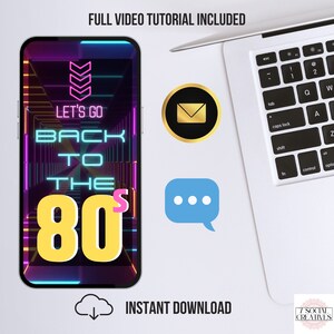 Op de afbeelding: Een digitale illustratie van een neonroze en -blauw 80s-thema telefoonscherm met de tekst "Let's Go Back To The 80s". Het telefoonscherm is omgeven door een witte rand en bevindt zich op een witte achtergrond.