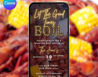 Crawfish Boil Invitation. Digital Let The Good Times Boil Invite. Family, Birthday or Any Celebration Animated eVite. DIY Editable Template.