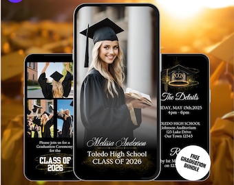 Uitnodiging afstudeerceremonie. Digital Class of 2026 Grad-uitnodiging met foto's. eVite voor meisjes of jongens hogeschool of middelbare school. DIY-sjabloon.