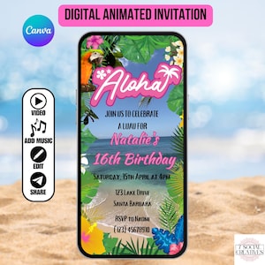 Aloha Luau Einladungskarte Im Rosa.  Digital animierte Hawaiianische Strand-Thema einladen. Mädchen Geburtstag eVite. DIY bearbeitbare Vorlage.