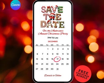 May include: A digital save the date invitation displayed on a smartphone screen. The text reads SAVE THE DATE for the Anderson's Annual Christmas Party on December 17th. The calendar graphic features festive lettering and a red circle around the date.