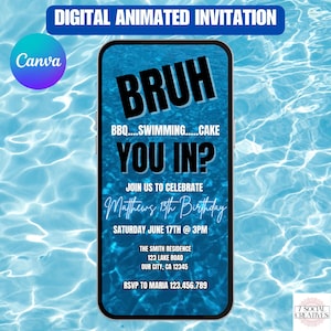 Bruh Pool Party Invite For Teenage Boys Birthday.  Digital Animated Summer Party Invite. Teen Boy Birthday Party eVite. DIY Template.