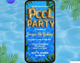 Uitnodiging voor zwembadfeest. Digitale geanimeerde verjaardagsuitnodiging tropisch strand.  Voor tieners, kinderen, volwassenen. Leuke bewerkbare sjabloon voor jongens of meisjes.