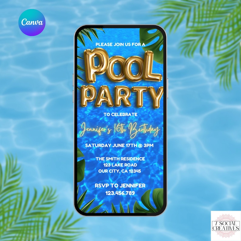 Pool Party Invitation. Digital Animated Tropical Beach Birthday Invite. For Teens, Kids, Adults. Boys or Girls Fun DIY Editable Template. image 1