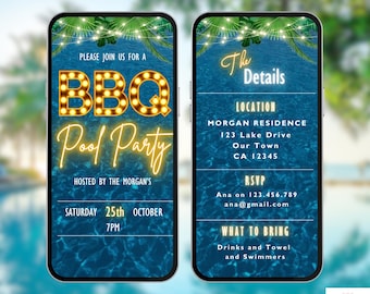 BBQ Pool Party Invitation. Digital Backyard Barbeque and Pool Invite. Animated Friends or Family Tropical Summer Celebration. DIY Template.